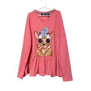 Lands' End Girls Pink Peplum Top Long Sleeve Waffle Knit Dog Graphic Pleated L